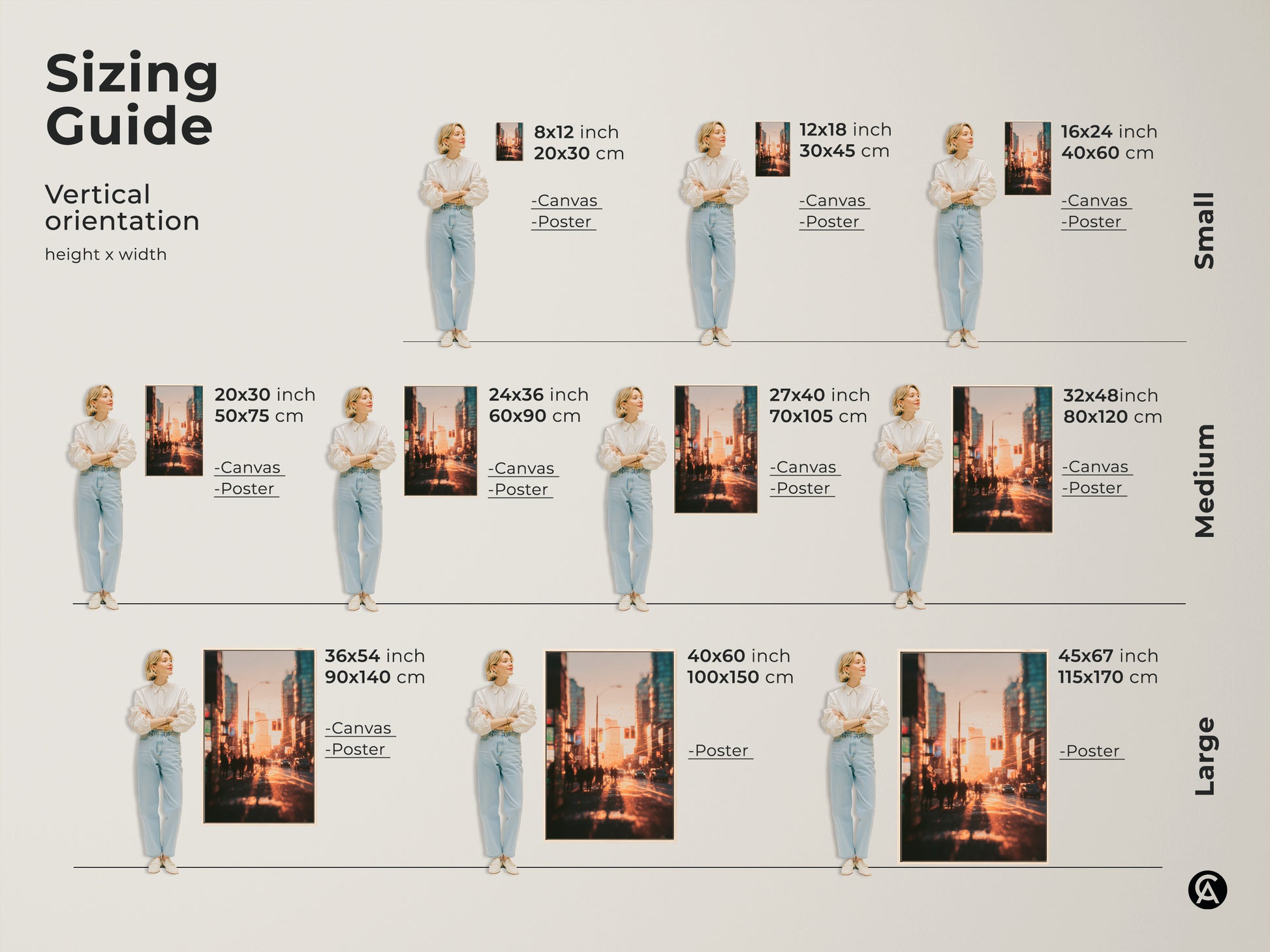 Sizing guide for vertical art prints. Visualize canvas and poster sizes with our easy to follow guide. Find the perfect fit for your space with small medium and large options. Enhance your home decor with art tailored to your unique needs. See our size comparison.