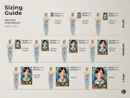 Sizing guide for the vertical woman portrait artwork. Available in small medium and large sizes. Select the ideal dimensions for canvas or poster prints. Enhance your space with this beautiful art piece of a colorful lady.