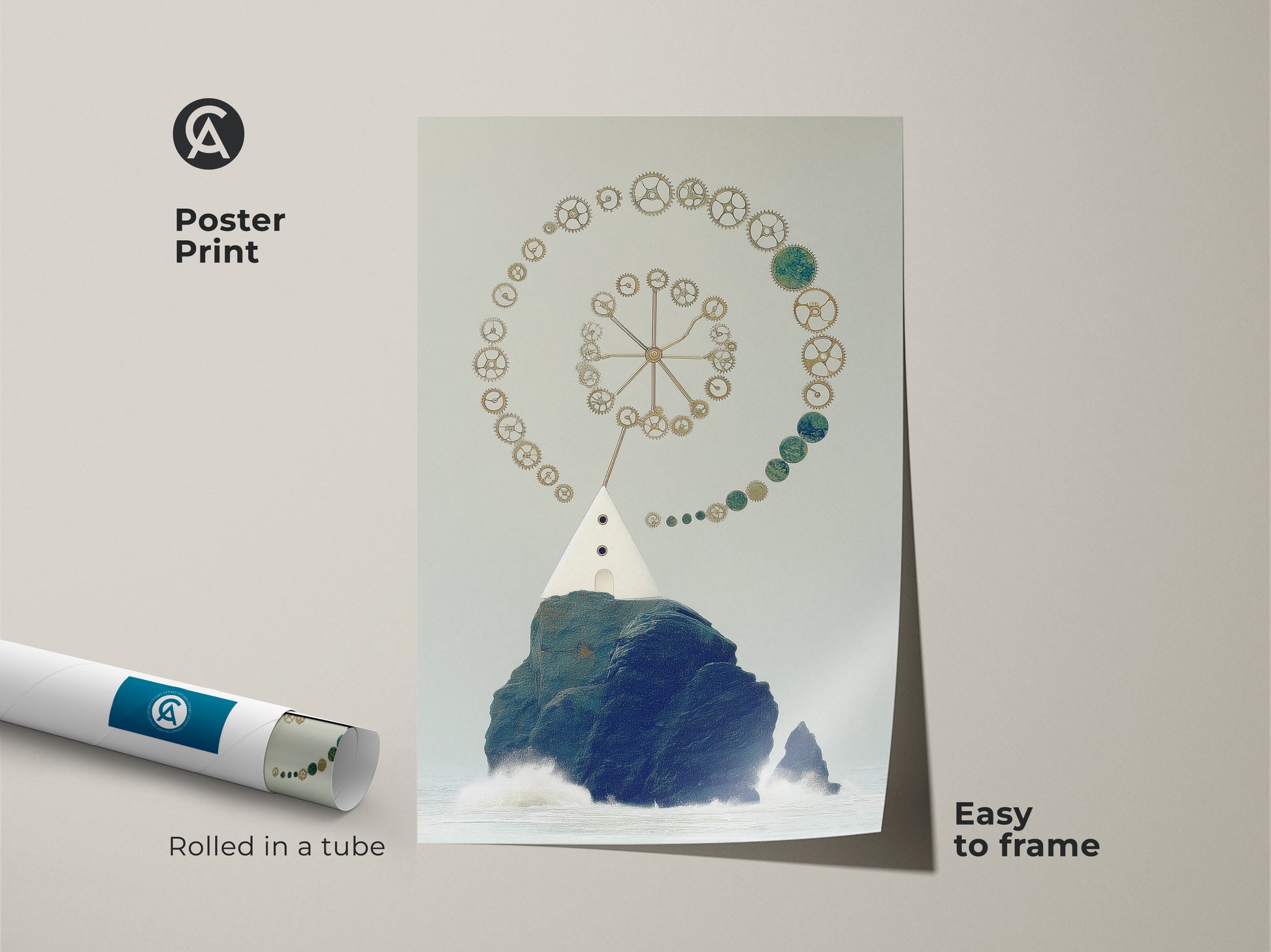 A steampunk lighthouse art print rolled in a tube. The nautical surreal canvas features abstract gears. The navy gold teal artwork is easy to frame. It is a unique office wall hanging and an ideal housewarming gift. A perfect surrealism art for the office.