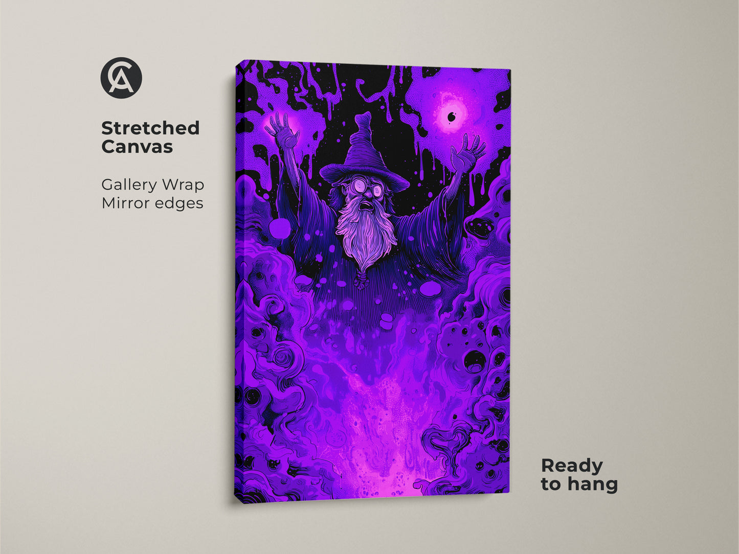 Stretched canvas print of a wizard art piece. The gallery wrap showcases mirror edges. Ready to hang this mystical artwork adds magic to any room. A perfect gift for fantasy lovers.