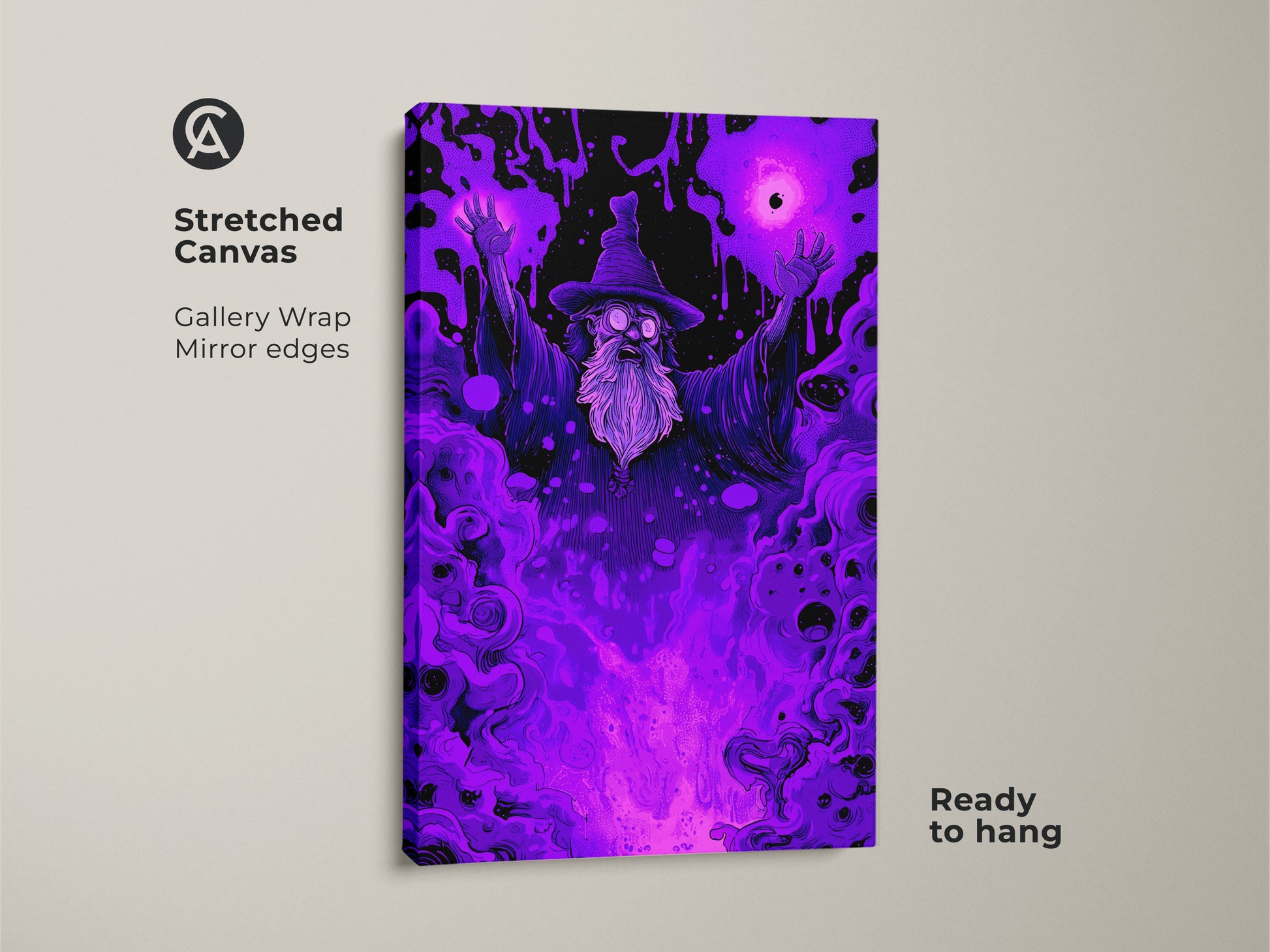 Stretched canvas print of a wizard art piece. The gallery wrap showcases mirror edges. Ready to hang this mystical artwork adds magic to any room. A perfect gift for fantasy lovers.