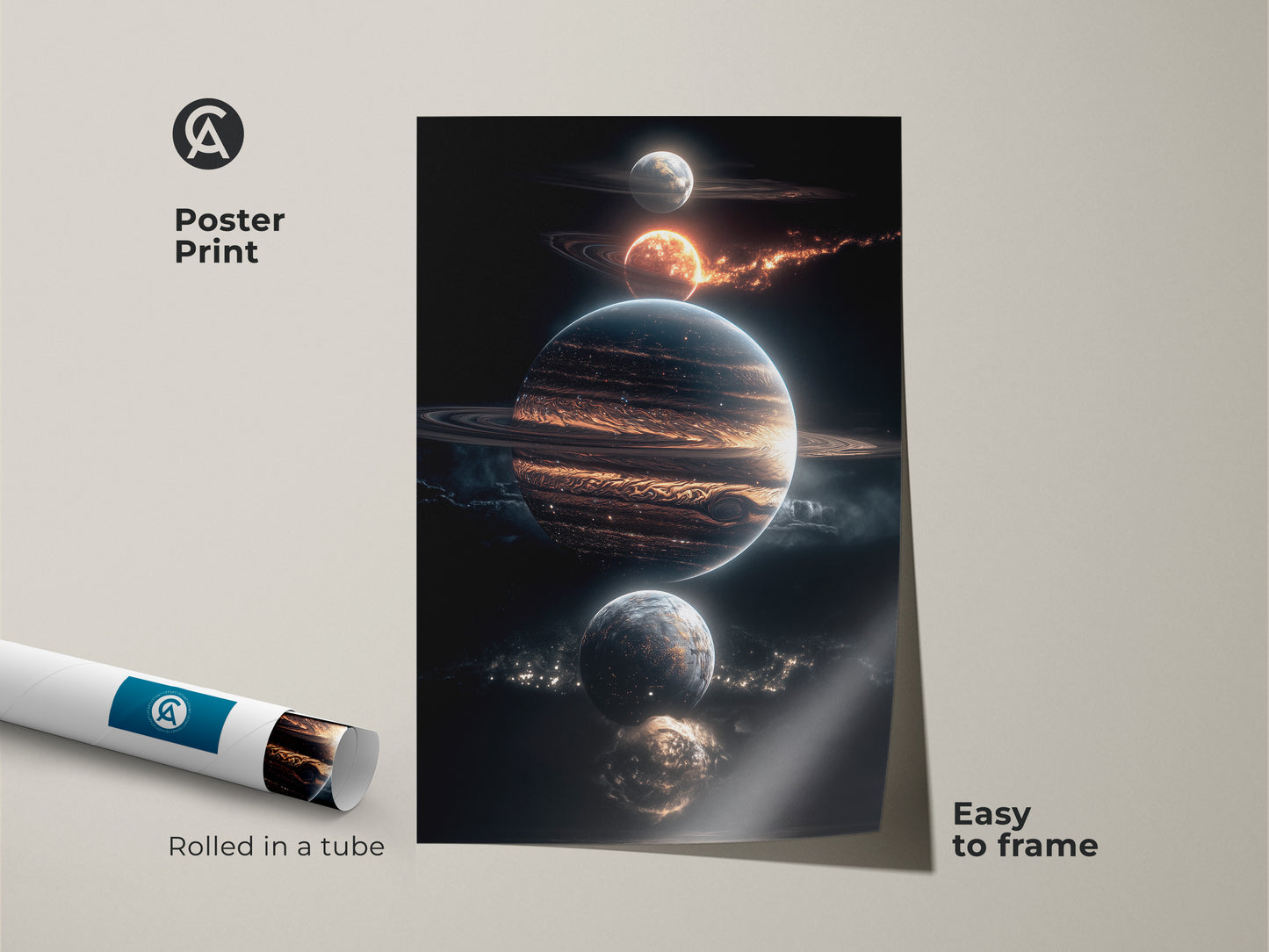 A poster print of a planets artwork. The art features a stack of planets in outer space. This museum-quality paper print is easy to frame. Add a cosmic touch to your decor.