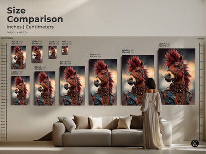 Size comparison for punk rock horse canvas art print. Sizes in inches and centimeters. See gothic style animal wall art in a living room setting. The mohawk horse artwork is an eclectic home decor choice.