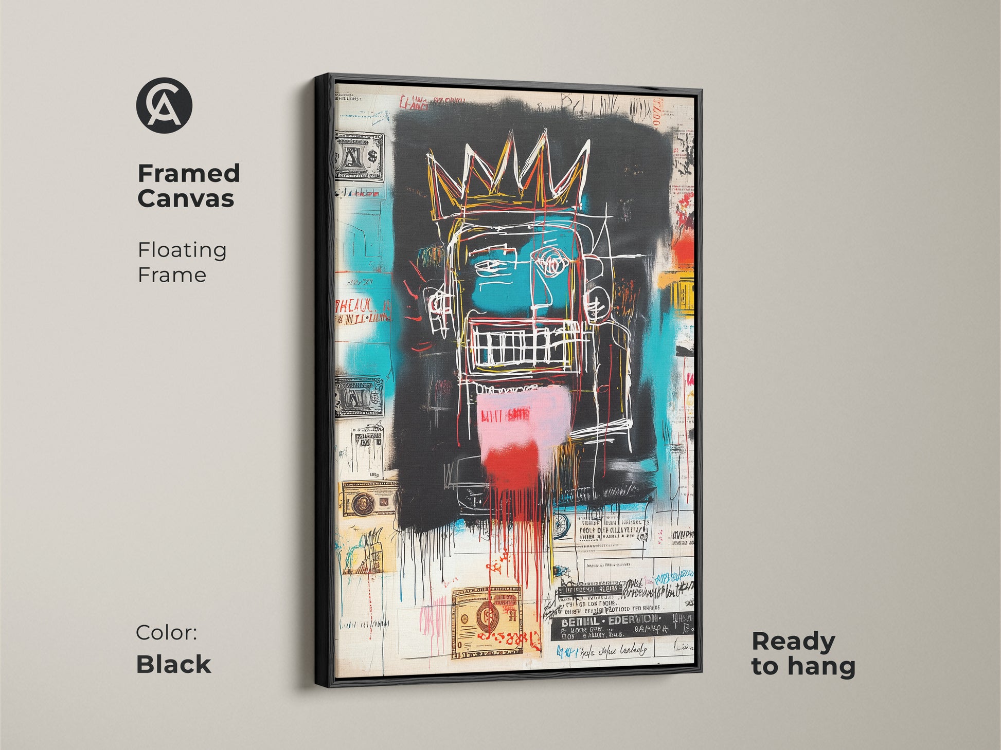 This is a framed canvas print of a Basquiat-inspired artwork. The floating frame is black. The artwork features a crowned figure with graffiti elements. This canvas is ready to hang and will enhance your space
