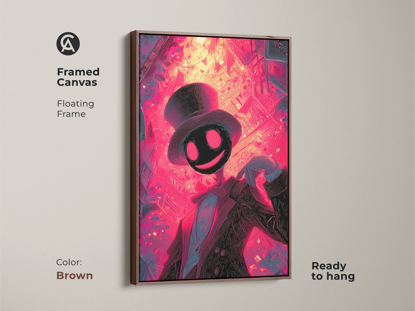 This framed canvas features a brown floating frame showcasing the artwork. The art features a unique character in a suit and top hat. This ready to hang canvas has vibrant neon colors and a surreal style.