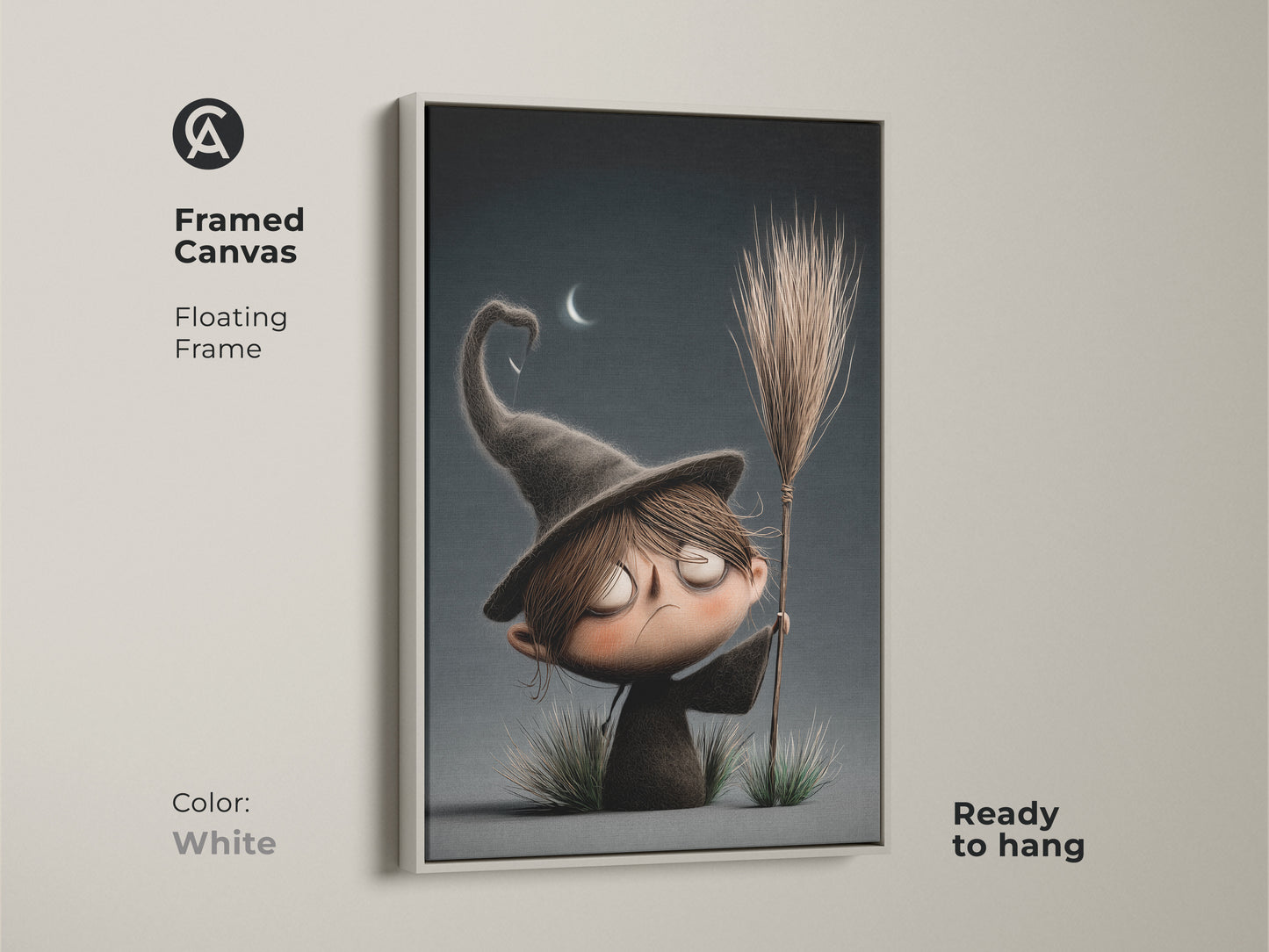 This framed canvas art shows a cute cartoon witch. The white floating frame gives a clean look to the spooky nursery wall decor. It's an ideal dark academia gift and kids fantasy art piece. Ready to hang. Perfect for adding a whimsical touch to any room with this unique witch aesthetic.