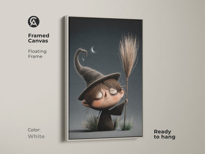 This framed canvas art shows a cute cartoon witch. The white floating frame gives a clean look to the spooky nursery wall decor. It's an ideal dark academia gift and kids fantasy art piece. Ready to hang. Perfect for adding a whimsical touch to any room with this unique witch aesthetic.