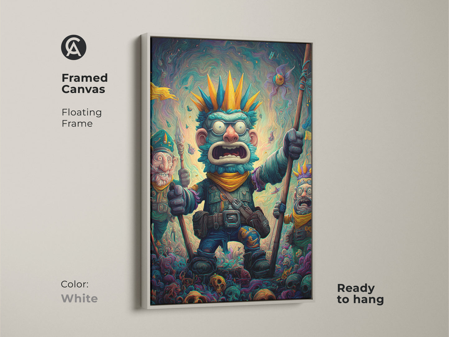 A framed canvas art print presents a bizarre monster and his goblin companions. The white floating frame offers a clean modern look. The artwork is ready to hang allowing for effortless display. Refresh your decor with this stylish framed canvas print.