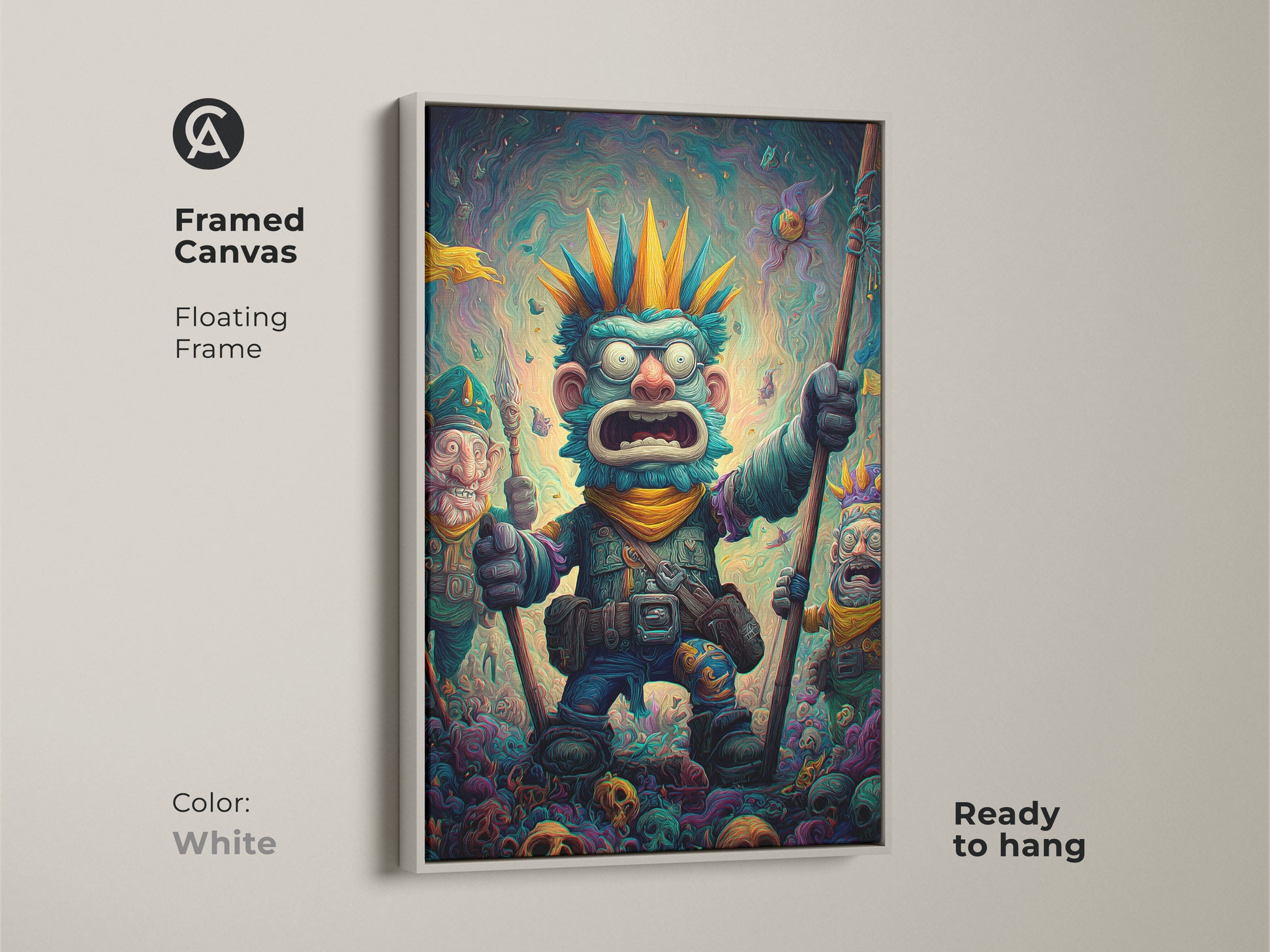 A framed canvas art print presents a bizarre monster and his goblin companions. The white floating frame offers a clean modern look. The artwork is ready to hang allowing for effortless display. Refresh your decor with this stylish framed canvas print.