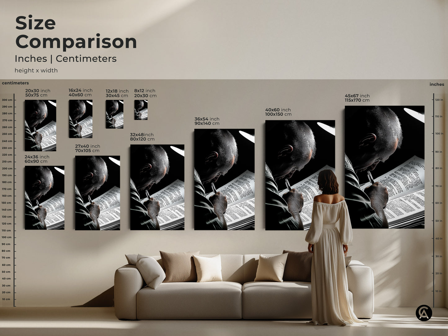 A size comparison shows canvas and poster prints featuring black and white art of a man reading against a living room backdrop. This graphic novel style art is a perfect literature gift and book lover present. It is ideal for study wall art decor and minimalist home decor enhancing office art print.