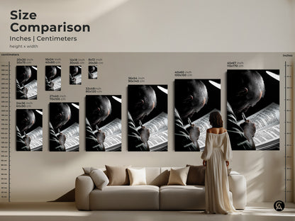 A size comparison shows canvas and poster prints featuring black and white art of a man reading against a living room backdrop. This graphic novel style art is a perfect literature gift and book lover present. It is ideal for study wall art decor and minimalist home decor enhancing office art print.