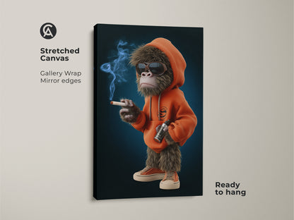 Stretched canvas print of a cool monkey in streetwear. The gallery wrap and mirror edges enhance the cartoon animal artwork. This piece is ready to hang. It's a great choice for man cave wall decor. The orange hoodie and sunglasses give this smoking monkey a unique and edgy vibe.