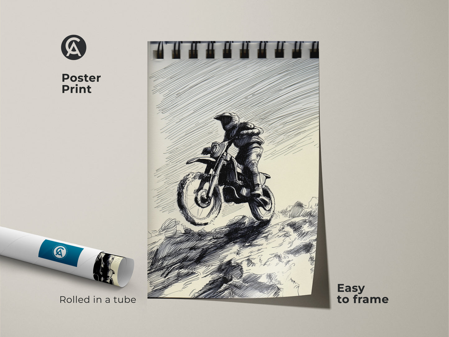 This poster print showcases a Motocross Rider in sketch art. The art style is black and white with ink drawing. Easy to frame and perfect for garages. It's a great gift for action sports enthusiasts and motocross fans who love motorcycle and adventure sports artwork.