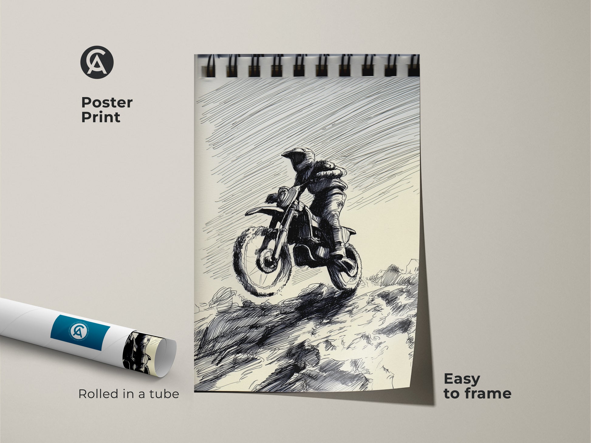 This poster print showcases a Motocross Rider in sketch art. The art style is black and white with ink drawing. Easy to frame and perfect for garages. It's a great gift for action sports enthusiasts and motocross fans who love motorcycle and adventure sports artwork.
