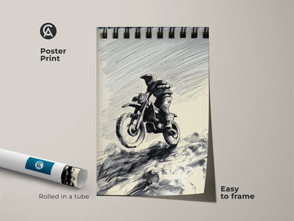 This poster print showcases a Motocross Rider in sketch art. The art style is black and white with ink drawing. Easy to frame and perfect for garages. It's a great gift for action sports enthusiasts and motocross fans who love motorcycle and adventure sports artwork.