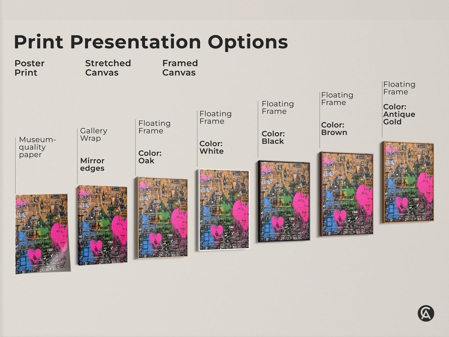 Explore print options for abstract cityscape wall art. Choose from poster stretched or framed canvas. Each features a graffiti heart and vibrant orange pink and green tones. Perfect eclectic decor for modern homes and unique gifts.