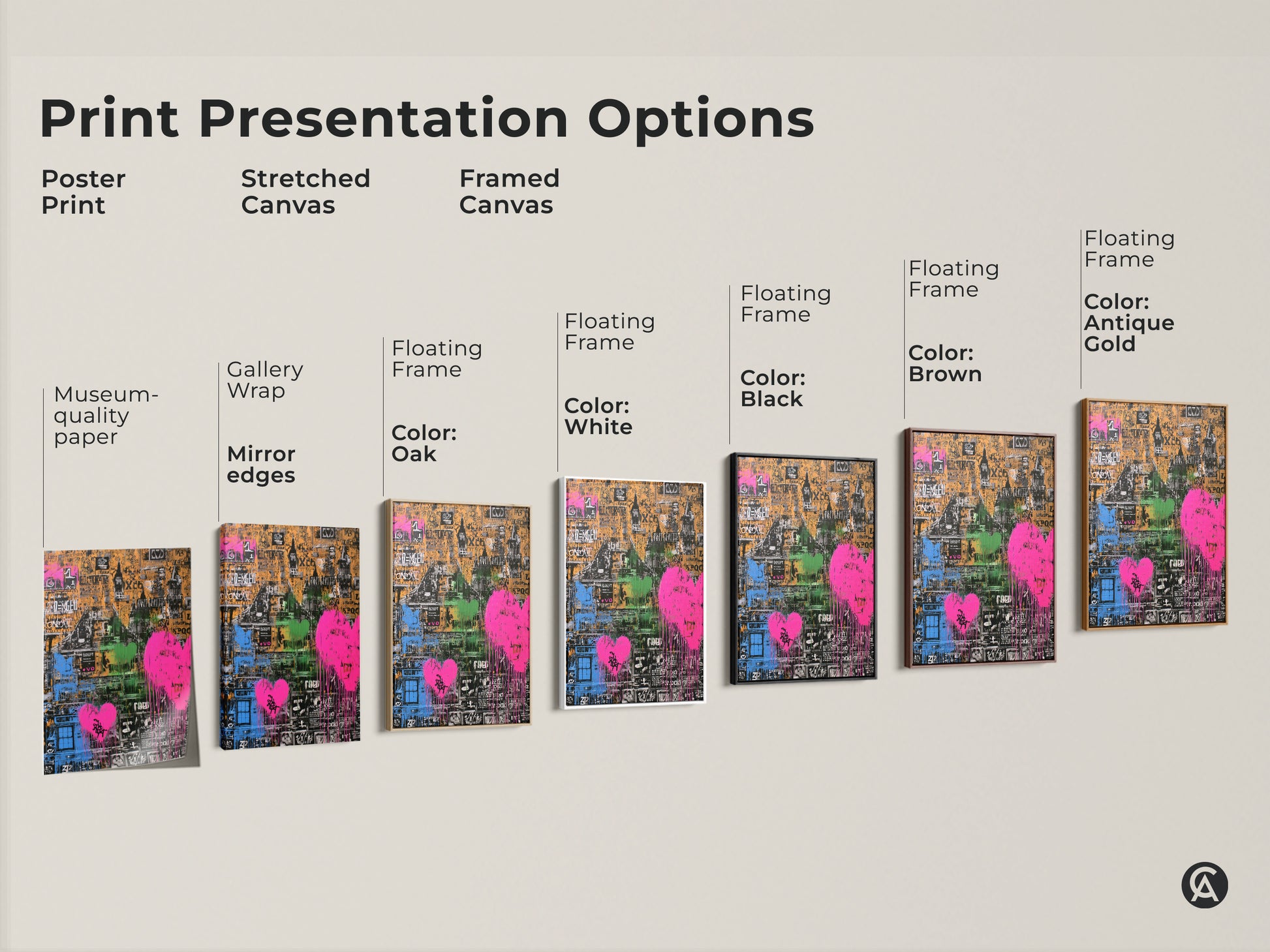 Explore print options for abstract cityscape wall art. Choose from poster stretched or framed canvas. Each features a graffiti heart and vibrant orange pink and green tones. Perfect eclectic decor for modern homes and unique gifts.