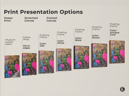 Explore print options for abstract cityscape wall art. Choose from poster stretched or framed canvas. Each features a graffiti heart and vibrant orange pink and green tones. Perfect eclectic decor for modern homes and unique gifts.