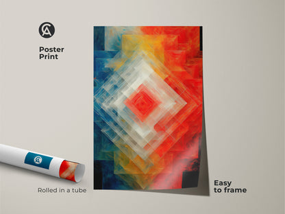 Poster print of Geometric Abstract Wall Art is rolled in a tube. Easy to frame. Layered diamond shapes art features red blue and orange colors. Modern abstract artwork adds a unique touch. Contemporary geometric decor for your home office or entryway.