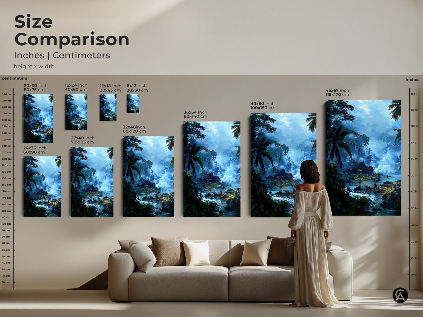 Compare sizes of tropical village wall art in inches and centimeters. Visualize the deep blue emerald green scene in different dimensions. From small to large find the ideal canvas or poster print for your bohemian decor.