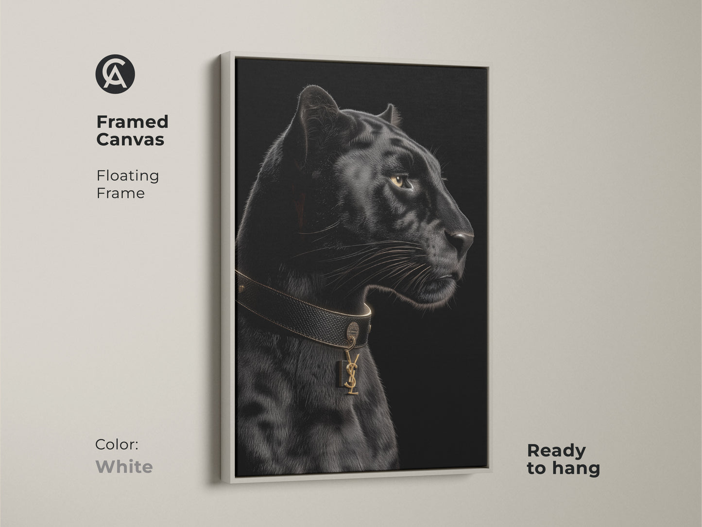 Framed canvas print of a black panther. This contemporary animal art features a floating frame in white. The gold collar adds luxury. Ready to hang. Ideal for modern wildlife decor.