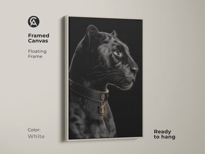 Framed canvas print of a black panther. This contemporary animal art features a floating frame in white. The gold collar adds luxury. Ready to hang. Ideal for modern wildlife decor.