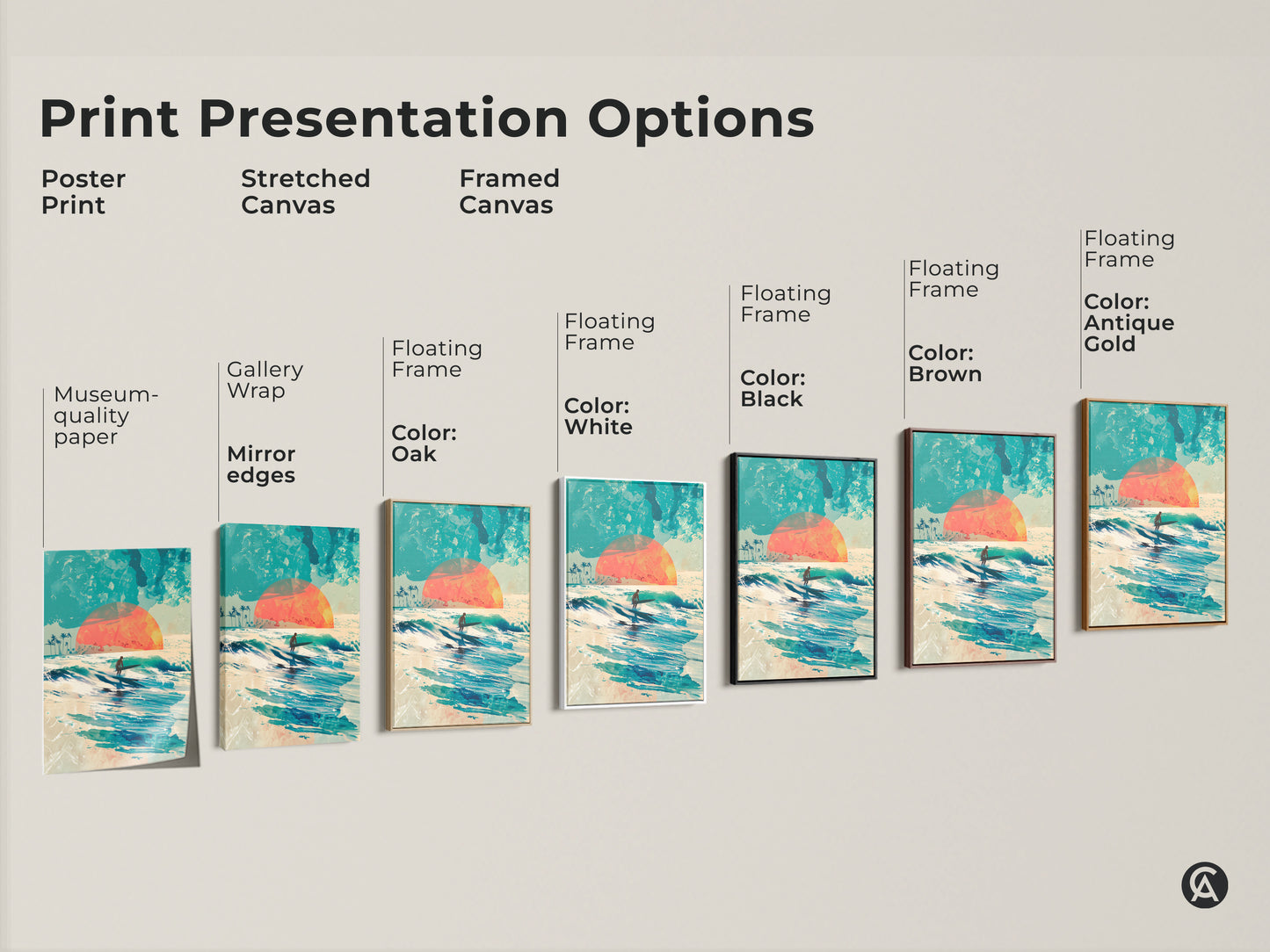 Explore print presentation options with this stunning surf artwork. Choose from poster prints to stretched canvases or framed canvases. A surfer rides a wave beneath a vibrant sunset. Find the perfect art for your space. Discover the ideal art for your style.