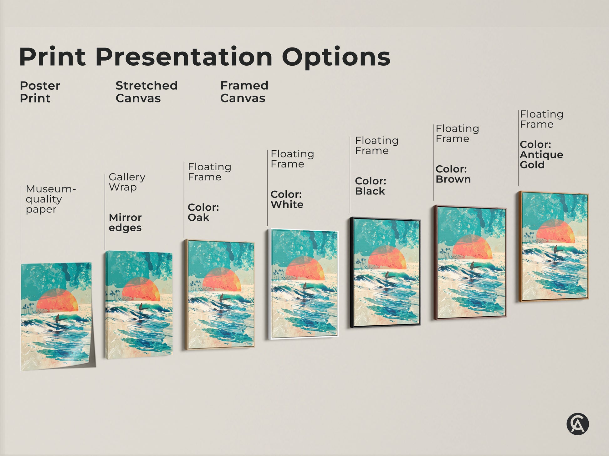 Explore print presentation options with this stunning surf artwork. Choose from poster prints to stretched canvases or framed canvases. A surfer rides a wave beneath a vibrant sunset. Find the perfect art for your space. Discover the ideal art for your style.