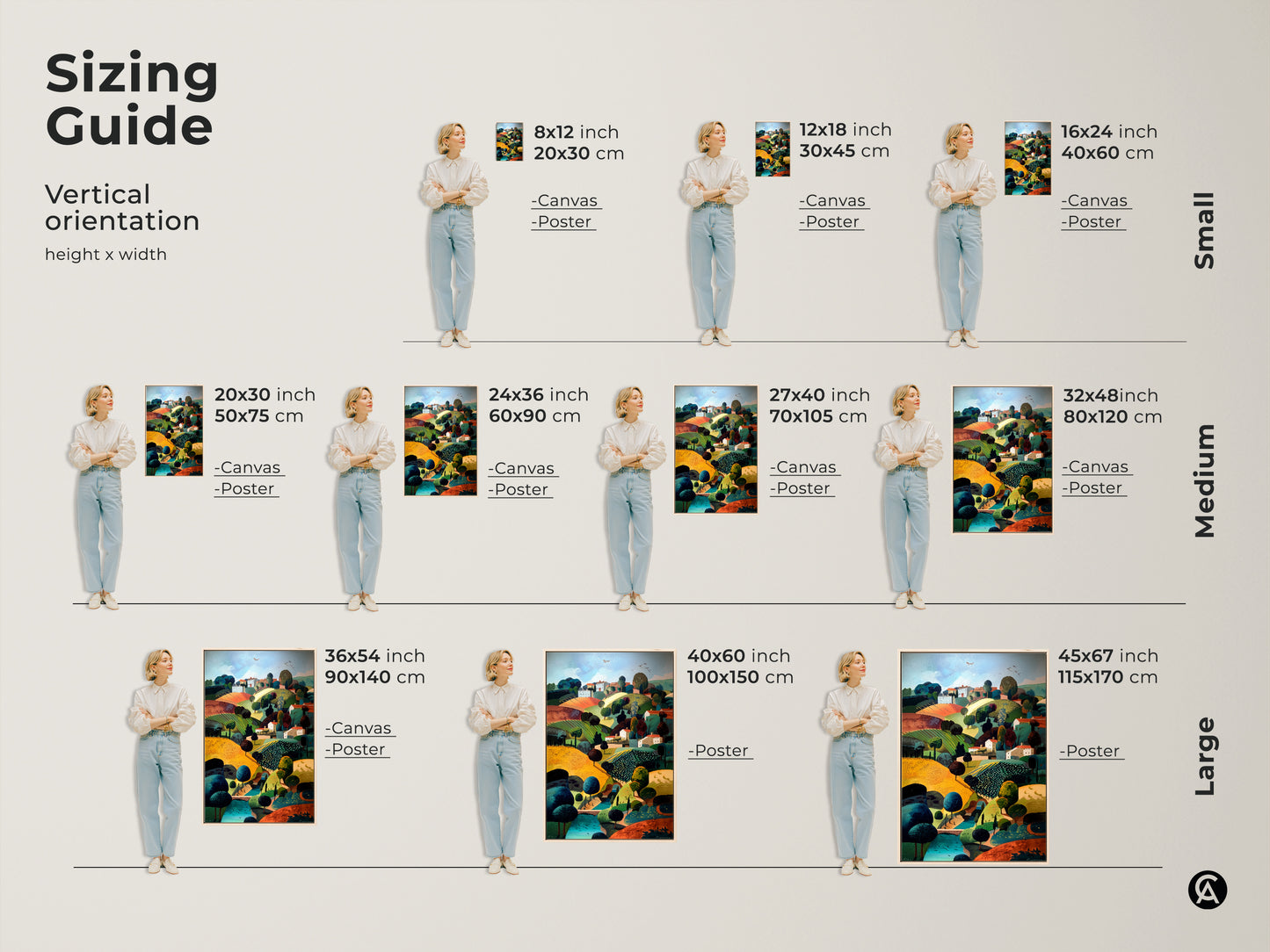 Sizing guide for vertical orientation folk art landscape prints. Available in small medium and large sizes. Options include canvas and poster prints. Find the perfect fit for your space. This countryside village artwork enhances any home decor.