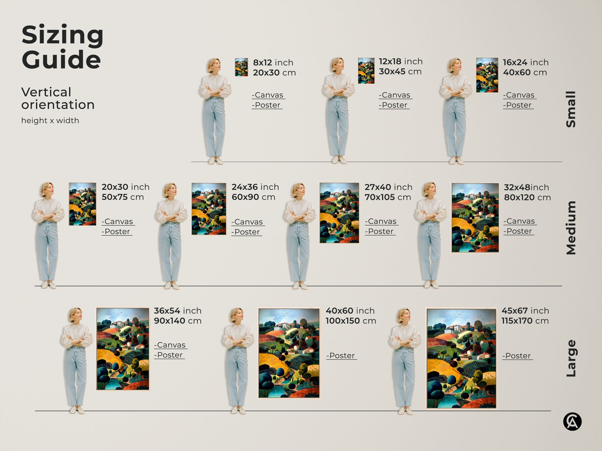 Sizing guide for vertical orientation folk art landscape prints. Available in small medium and large sizes. Options include canvas and poster prints. Find the perfect fit for your space. This countryside village artwork enhances any home decor.