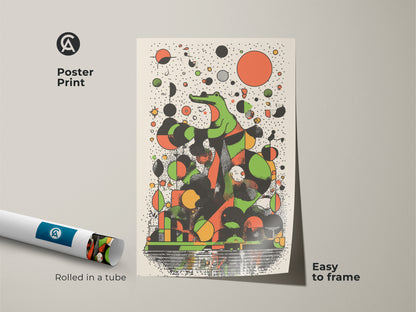 Poster print of an abstract crocodile artwork rolled in a tube ready to frame. This retro animal wall art features green geometric prints. The eclectic orange and black canvas artwork is perfect as a unique wall hanging.