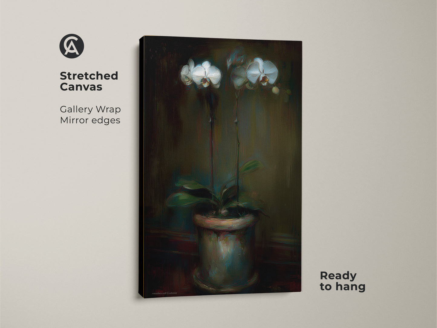 Stretched canvas gallery wrap featuring an emerald green orchid art print. This ready to hang floral artwork has mirror edges. This contemporary botanical decor is ideal for adding artistic elegance to any room. A great gift for plant enthusiasts.