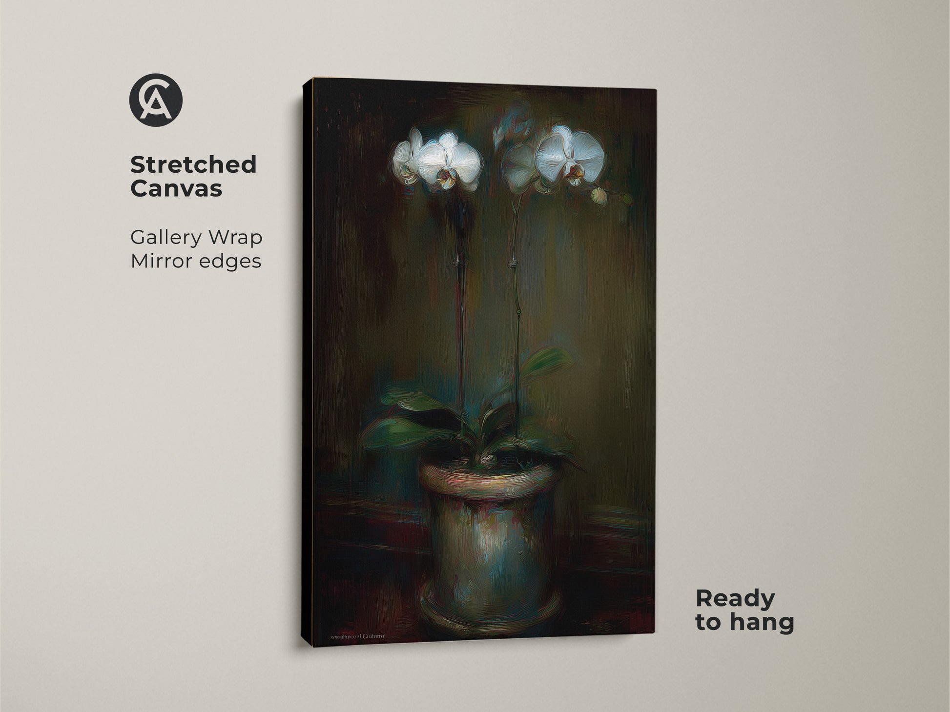 Stretched canvas gallery wrap featuring an emerald green orchid art print. This ready to hang floral artwork has mirror edges. This contemporary botanical decor is ideal for adding artistic elegance to any room. A great gift for plant enthusiasts.