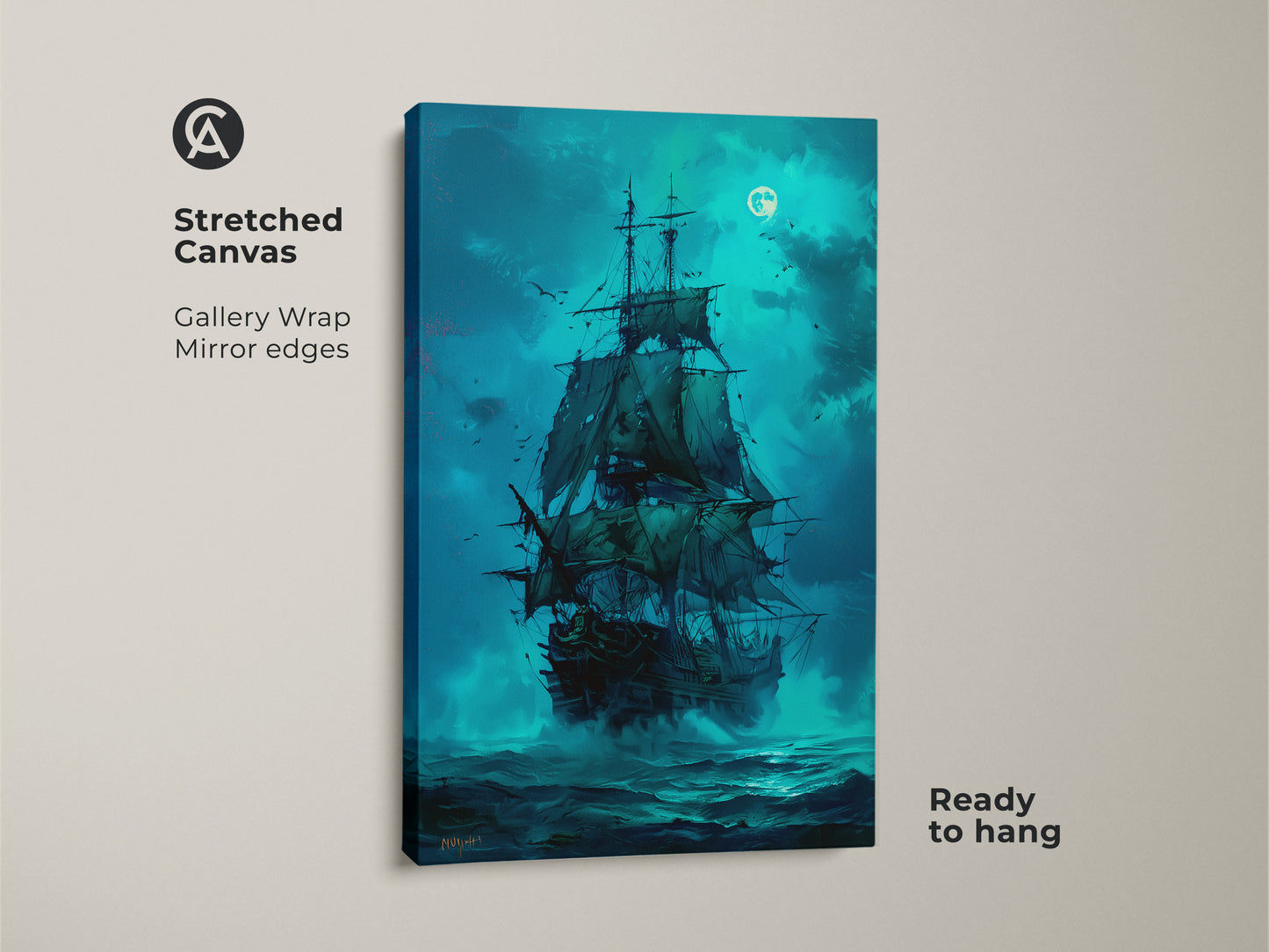 Stretched Canvas Artwork of a Pirate Ship Sailing Under the Moonlight. This gallery wrapped canvas is ready to hang. The mirror edges add a modern touch. A perfect addition to nautical themed decor. Get this unique artwork today