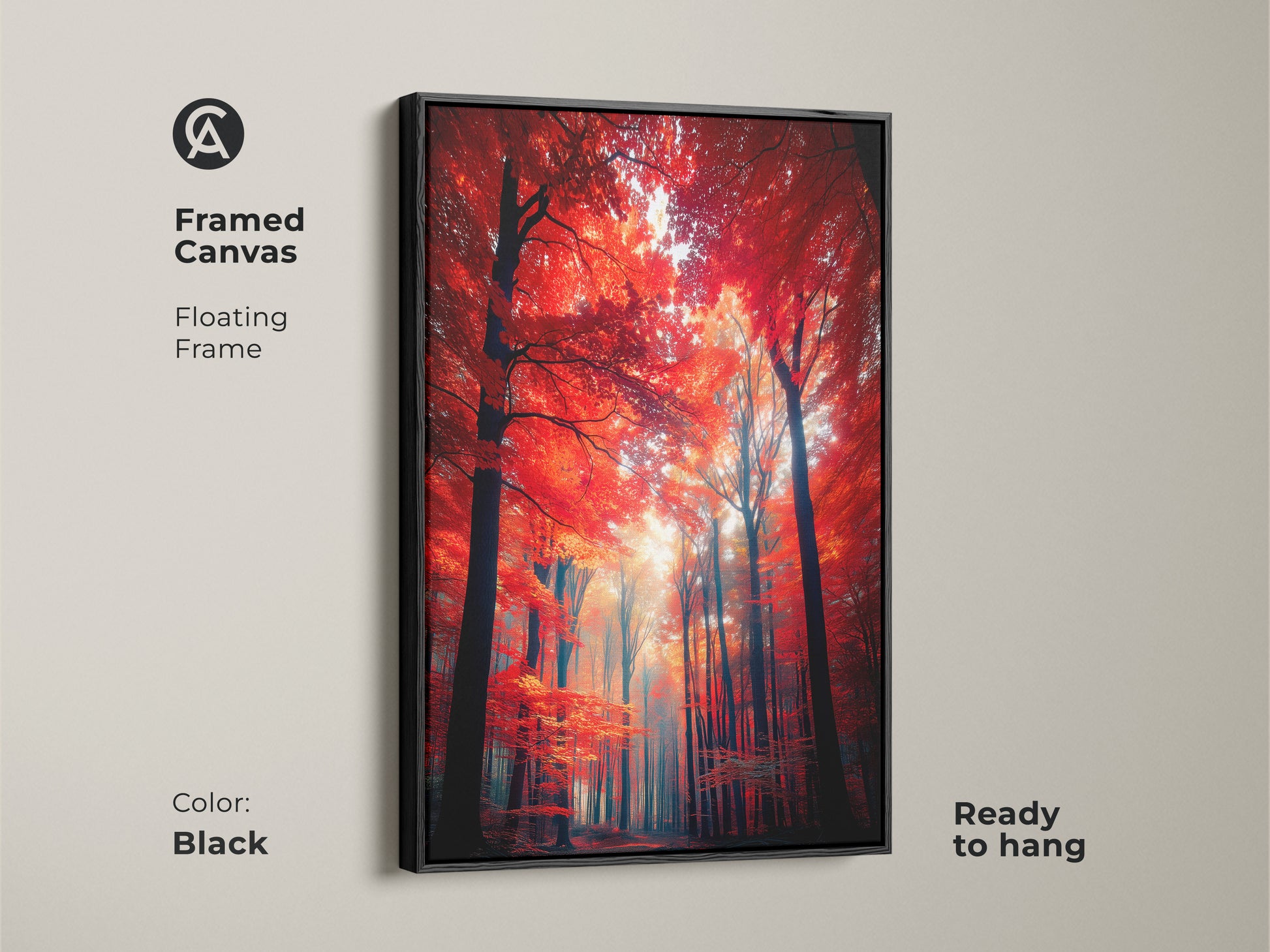 Framed canvas art displaying a vibrant red forest. The floating frame in black adds a modern touch. Ready to hang this artwork brings nature's beauty to your walls. A perfect statement piece for any home decor.
