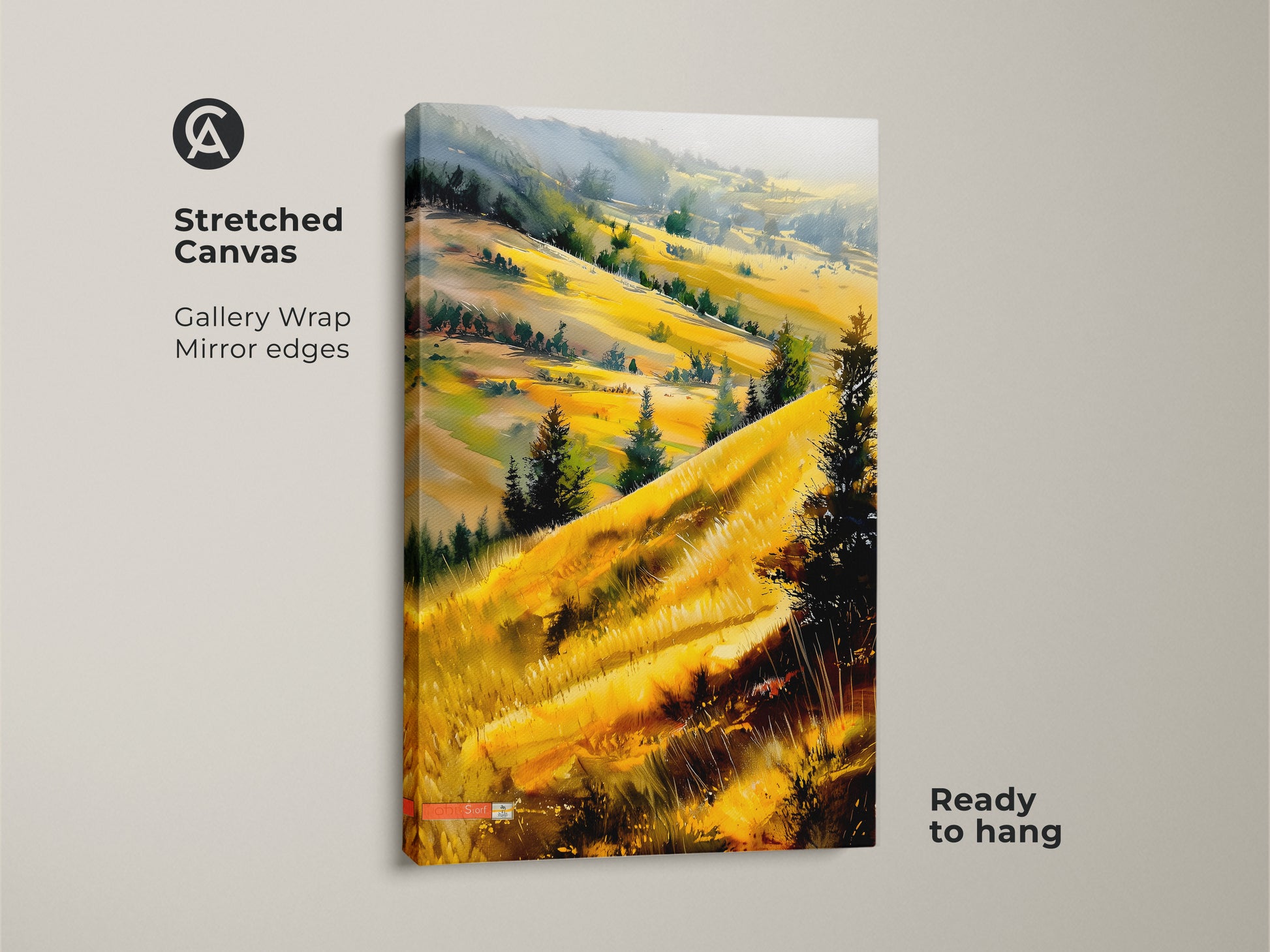 Stretched canvas print featuring golden hills in watercolor. Gallery wrapped with mirrored edges. Ready to hang scenic landscape canvas art. Perfect outdoor nature wall decor. Bring peaceful nature artwork to your home.