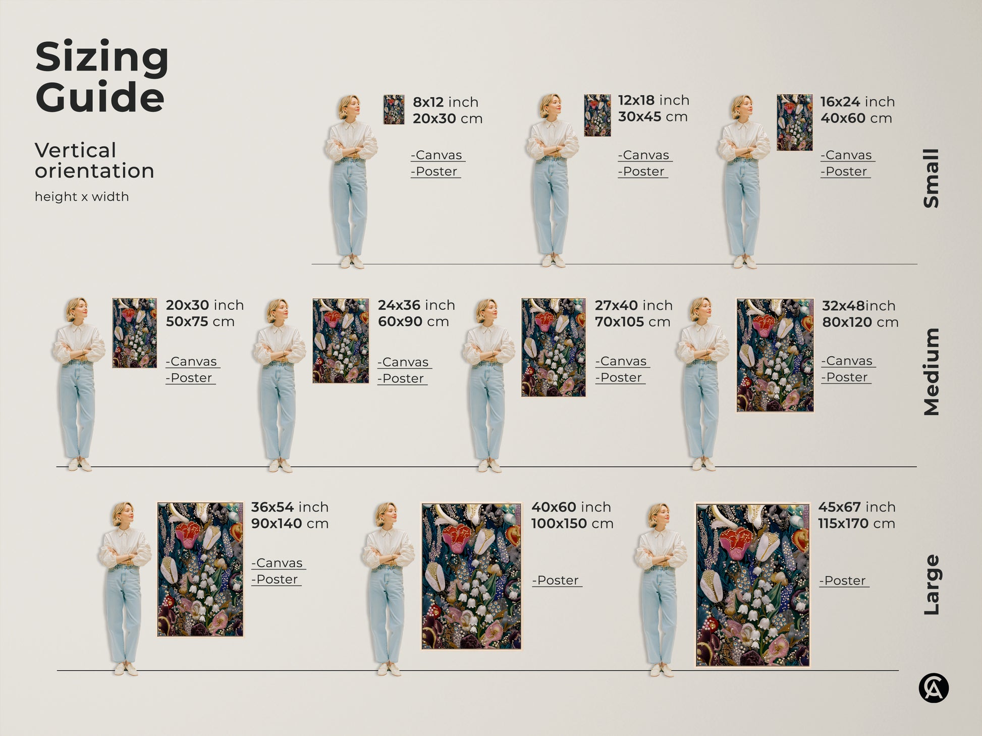 Sizing guide for Lily of the Valley and Tulips floral artwork. Visual guide shows canvas and poster options in small medium and large sizes. Find the perfect fit for your space. Ideal for eclectic home decor and plant enthusiasts seeking botanical embroidery art.