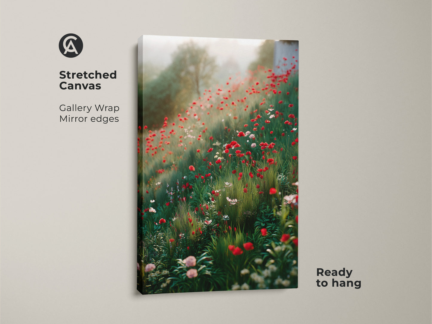 Stretched canvas print features a boho floral field. Red poppies and wildflowers create a dreamy impressionistic landscape. Gallery wrap with mirrored edges ensures a seamless look. This wildflower field art is ready to hang.