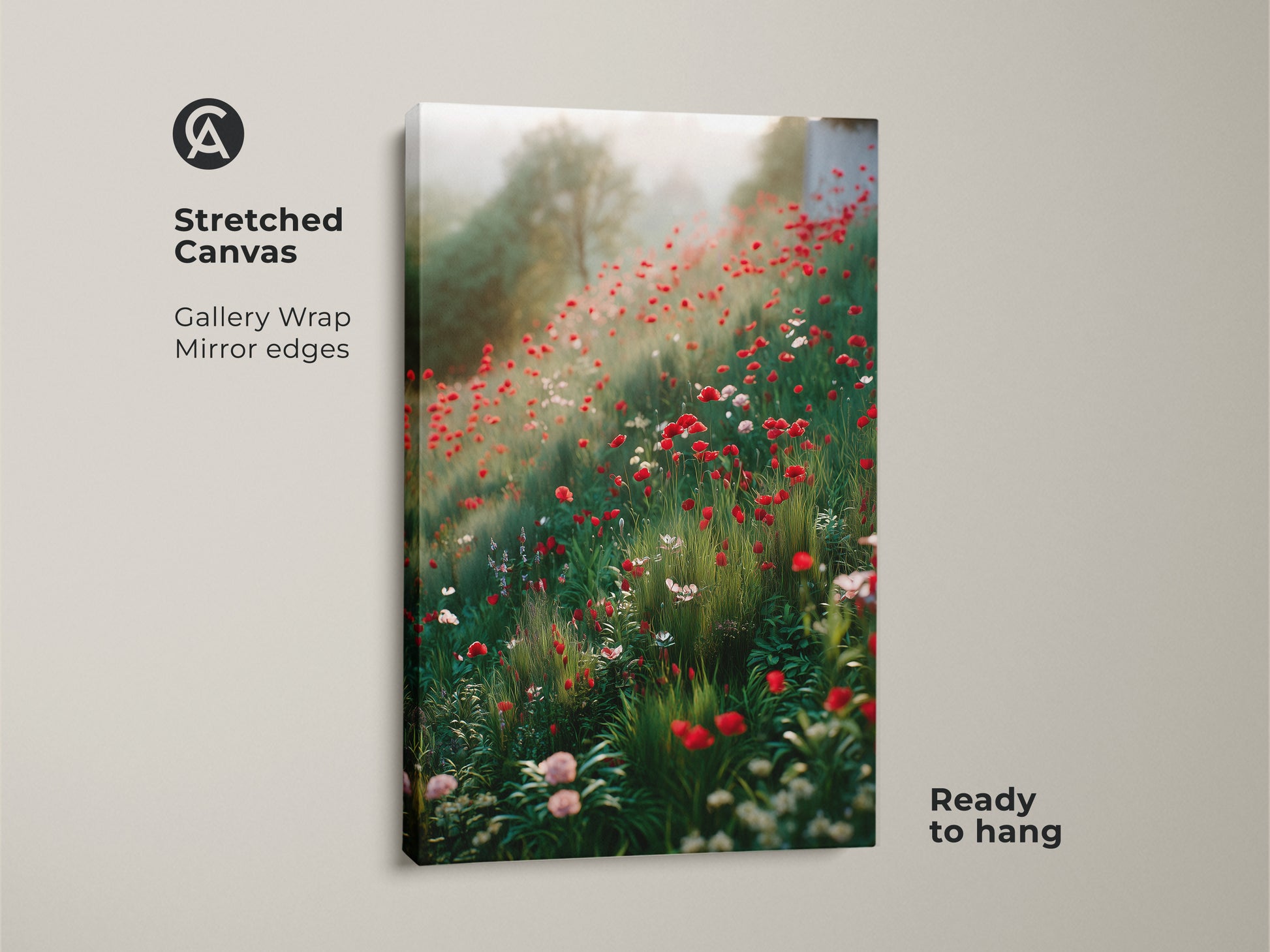 Stretched canvas print features a boho floral field. Red poppies and wildflowers create a dreamy impressionistic landscape. Gallery wrap with mirrored edges ensures a seamless look. This wildflower field art is ready to hang.