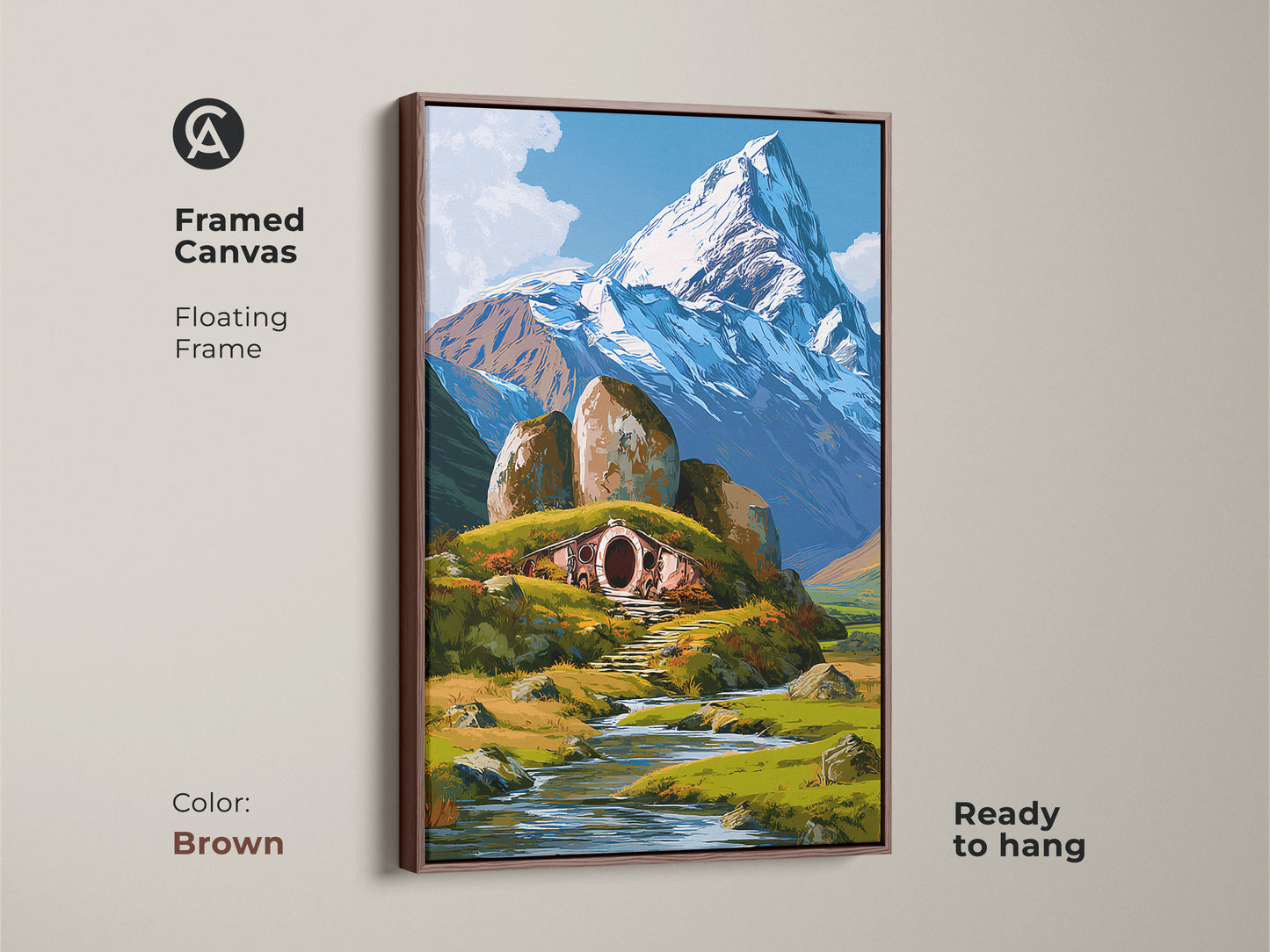 A brown framed canvas showcases a cozy hobbit home. This illustrative fantasy art features a snowy mountain landscape. Perfect eclectic fantasy gift for housewarming. The nature inspired wall art is ready to hang.