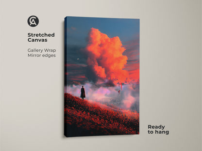 Stretched canvas print of a surreal dreamscape. A lone figure stands before fiery orange clouds. This gallery-wrapped canvas has mirrored edges and is ready to hang. Ideal fantasy art decor for an eclectic home. The crimson red sky art brings dramatic color to any room.