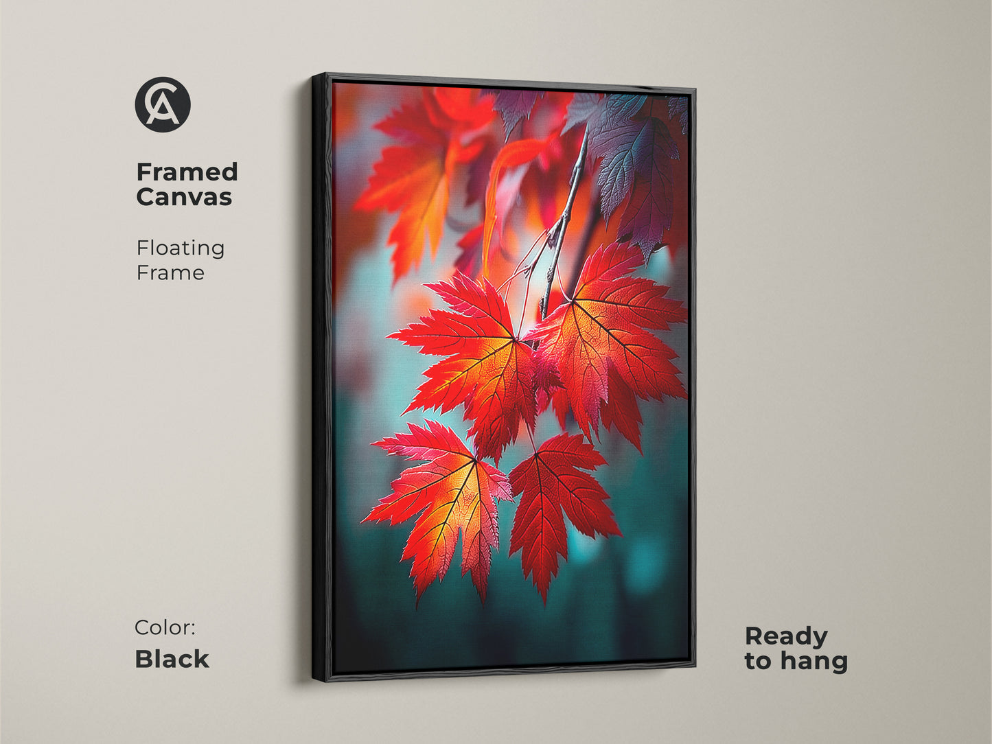 Framed canvas art with red maple leaves in a black floating frame. The artwork is ready to hang and adds sophistication to your decor. The floating frame enhances the art's visual appeal in any room.