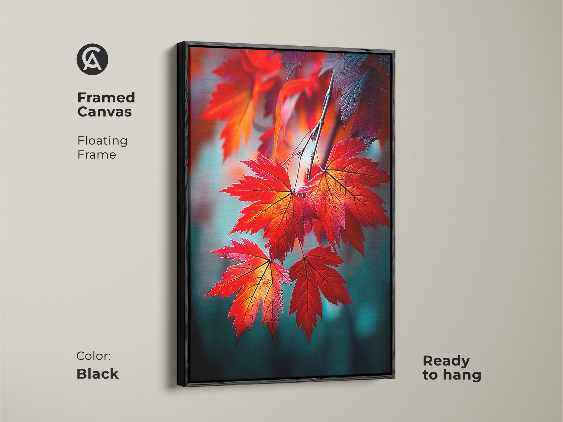 Framed canvas art with red maple leaves in a black floating frame. The artwork is ready to hang and adds sophistication to your decor. The floating frame enhances the art's visual appeal in any room.