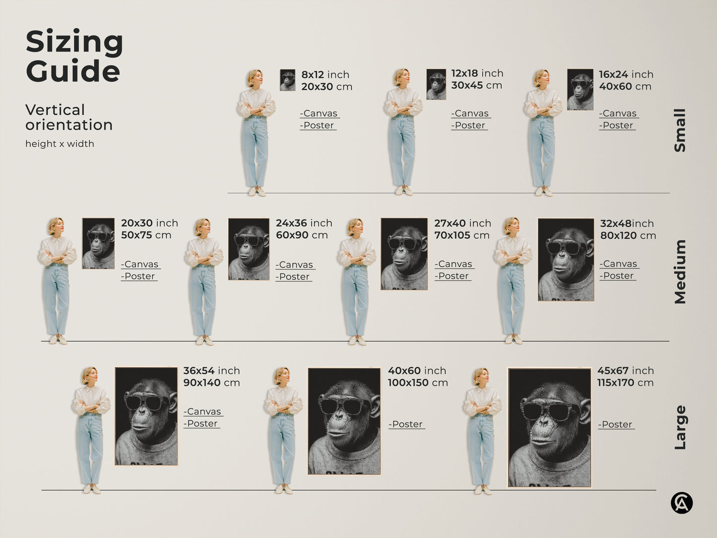 Sizing guide for vertical orientation featuring a chimpanzee with sunglasses art. Available in small medium and large sizes. Choose from canvas or poster prints. The art complements any space. Find the perfect size for modern minimalist decor in your home or office.
