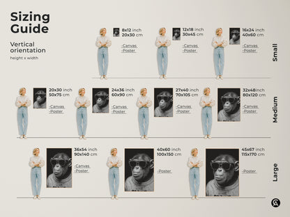 Sizing guide for vertical orientation featuring a chimpanzee with sunglasses art. Available in small medium and large sizes. Choose from canvas or poster prints. The art complements any space. Find the perfect size for modern minimalist decor in your home or office.
