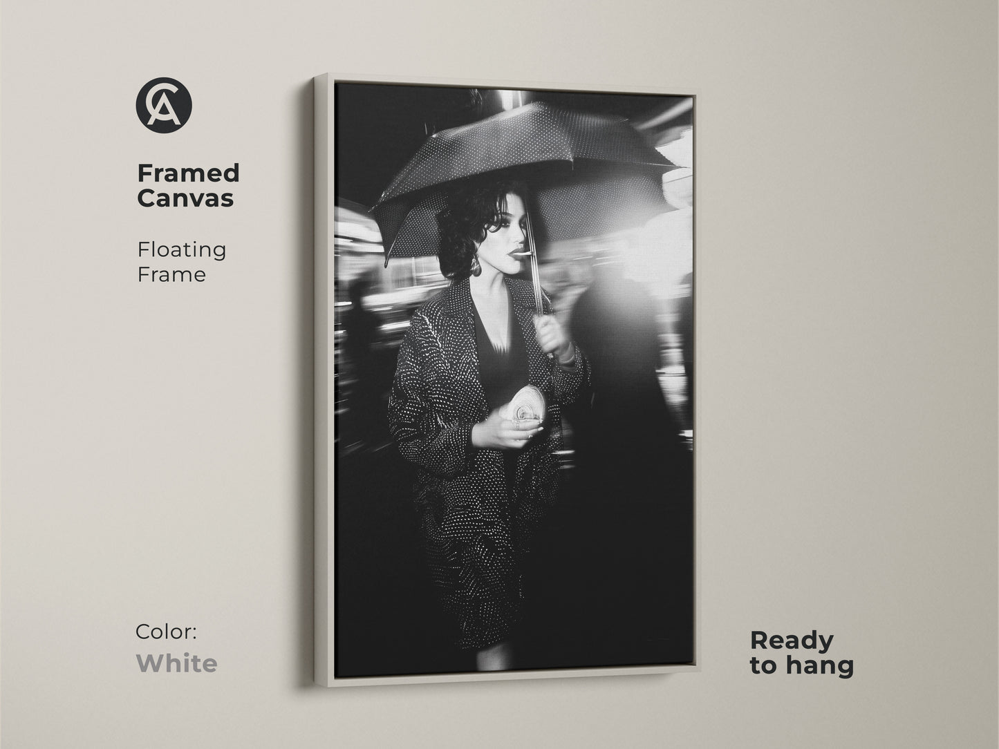 This framed canvas art with a white floating frame is ready to hang. It showcases a monochrome woman with umbrella. The street photography print adds urban chic. Transform your space with contemporary wall art. This black and white artwork is perfect for modern bedroom decor.