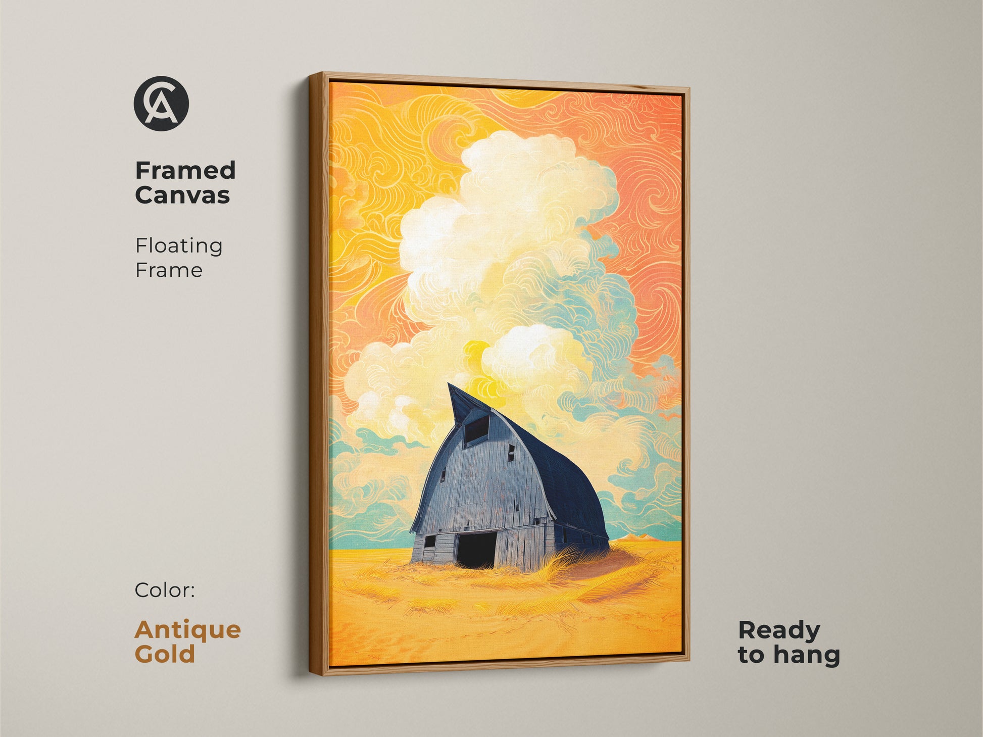 Framed canvas of a surreal barn artwork with a floating antique gold frame. This ready to hang stylized landscape print offers unique country home decor. The barn features yellow orange teal art. The eclectic farmhouse art piece showcases an artistic cloudscape.