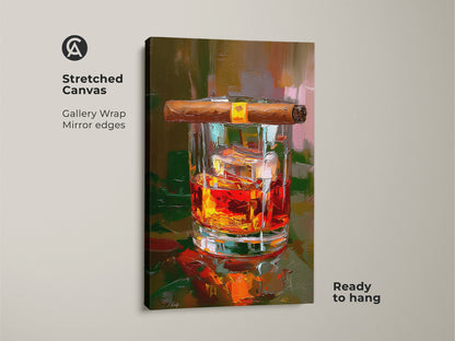 This stretched canvas features amber orange whiskey and cigar art. The gallery wrapped artwork is ready to hang. It provides bourbon drink lifestyle artwork ideal for home bar decor. The vivid colors and mirror edges enhance the display of this man cave art. Perfect as a gift for whiskey enthusiasts.