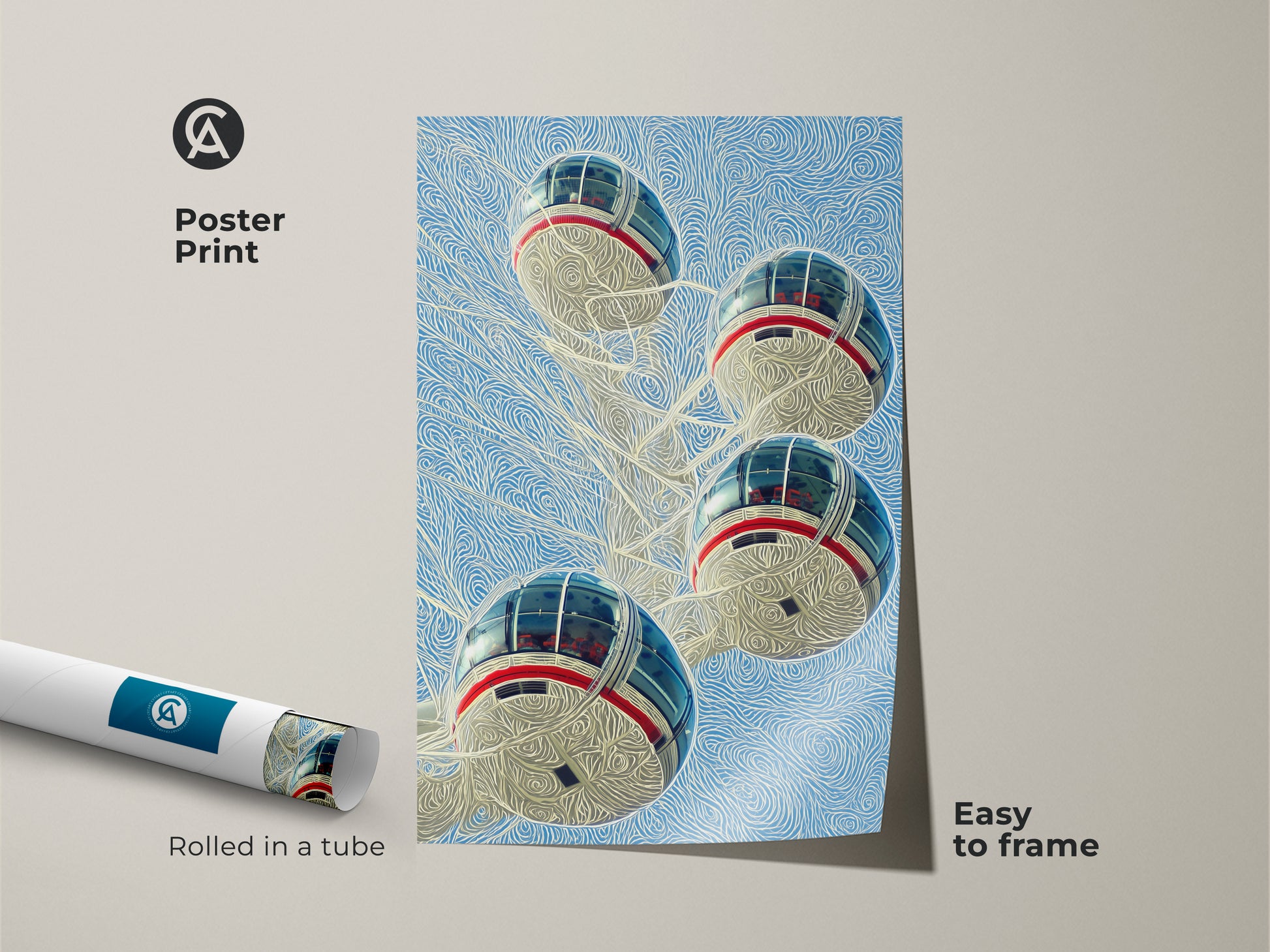 Explore the elegance of our London Eye poster print perfect for easy framing. This museum-quality cityscape art print comes rolled in a tube. The blue and red wall art captures the iconic Ferris wheel making it ideal for any art collection.