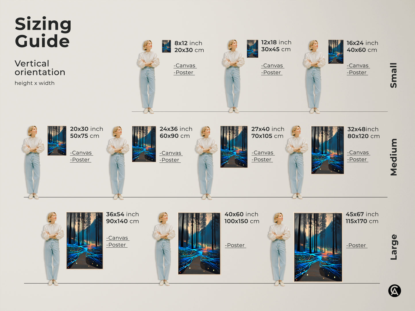 Sizing guide for vertical surreal forest wall art. Visualize canvas and poster sizes from small to large. See how the fantasy nature scene with glowing path art fits your space.